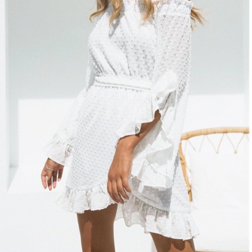Sabo Skirt White Bardot Mini Dress w Waist Tie